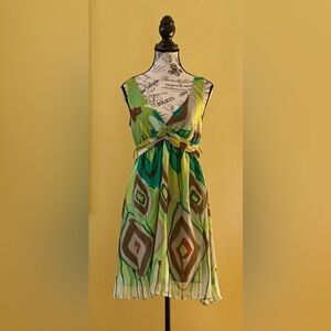Arden B Boho Diamond Print Chiffon Dress Double V-Neck Tie Waist